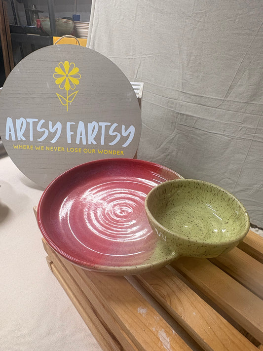 Chip and Dip Bowl - Attached, red and green glaze